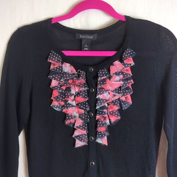 White House Black Market Black Cardigan with Chiffon Ruffle Size Small - Picture 2 of 6